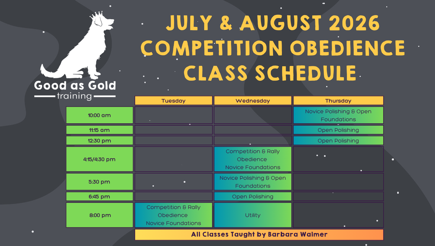 GAG Class Schedules - July & August 2026